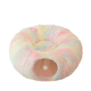 2 in 1 Funny Cat Beds Interactive Play Winter Warm Plush Donut Cat Tunnel Bed